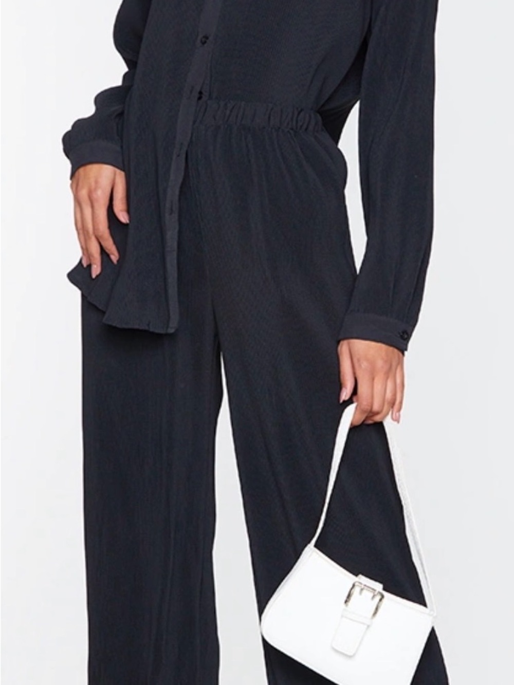 Women's button front oversized shirt with Elastic Waist Wide-Leg Pants - Black